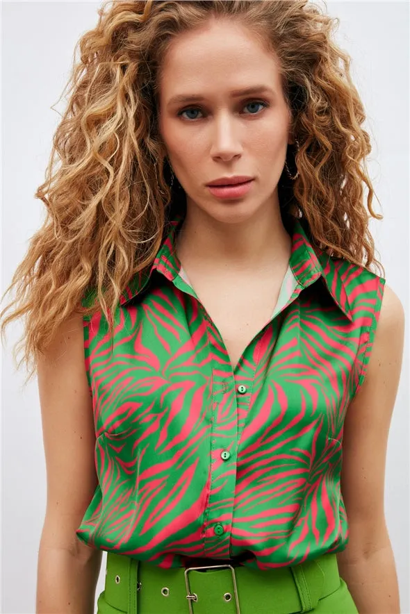 Satin Silk button-down sleeveless shirt - Green Multi