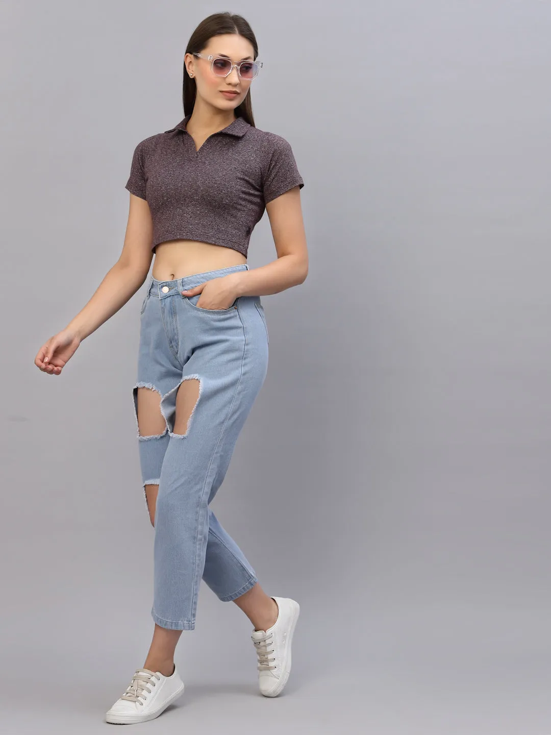 Self Texture Collared Crop Top