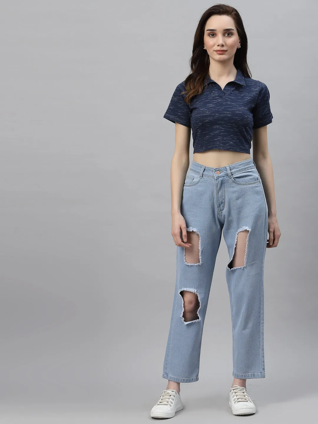 Self Texture Collared Crop Top