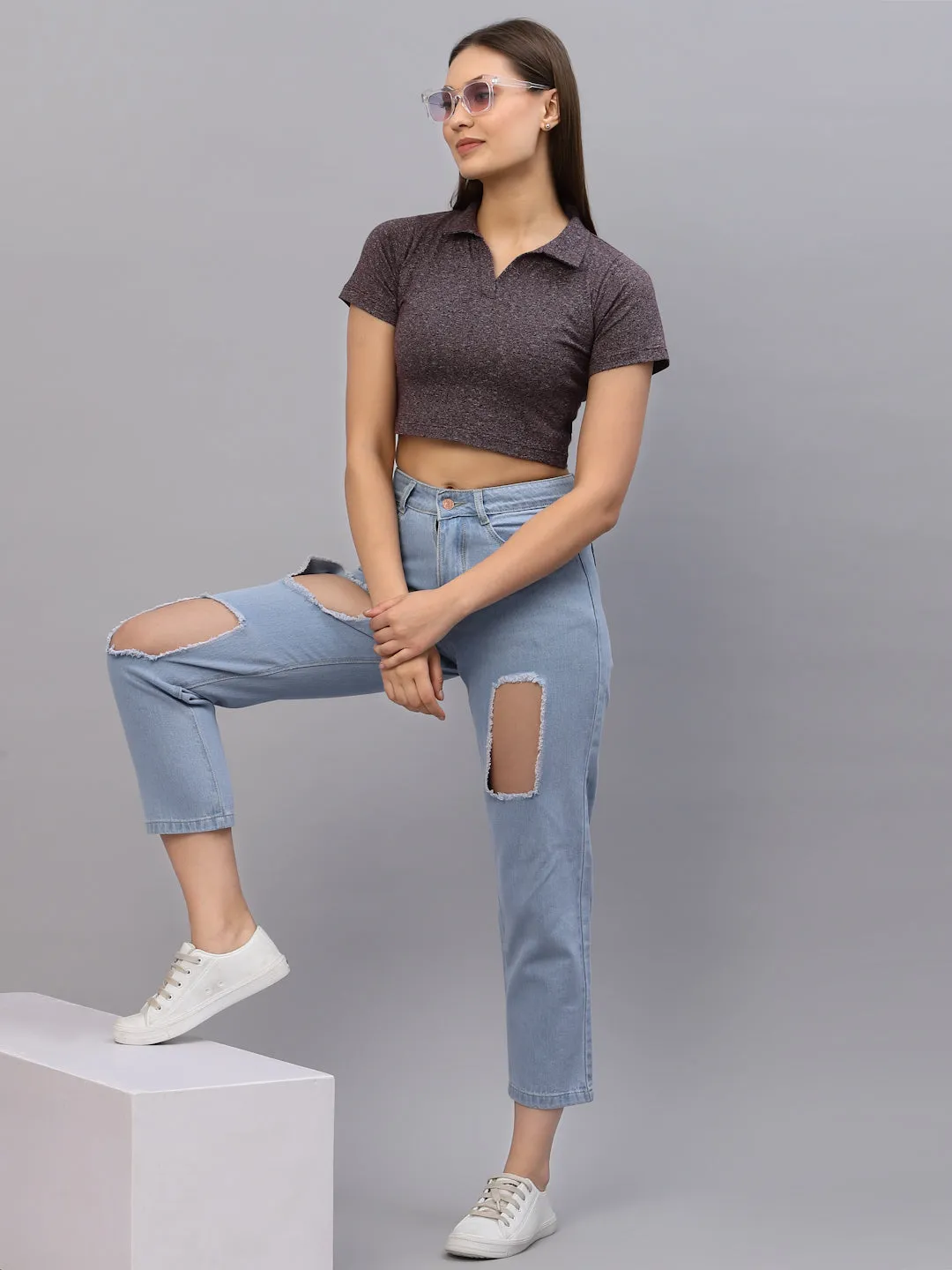 Self Texture Collared Crop Top