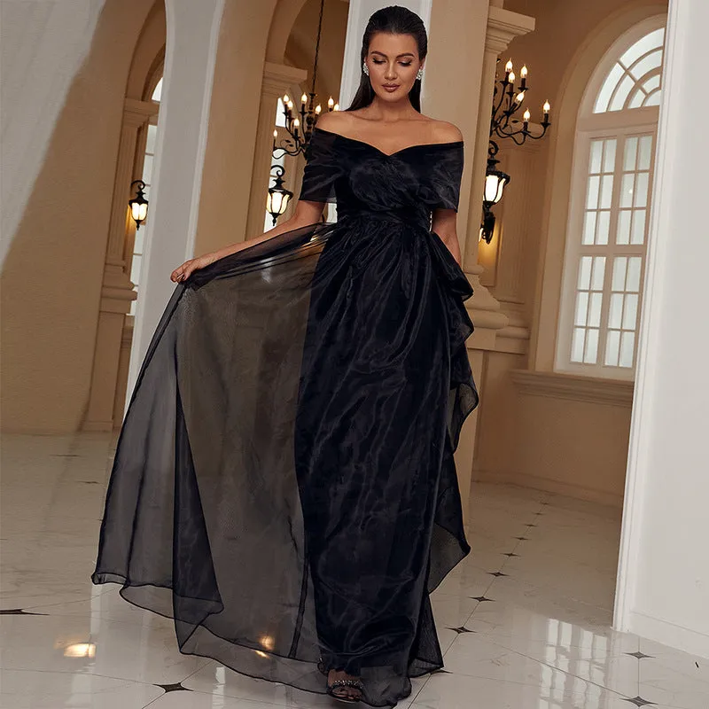 Silvia Off-Shoulder Mesh Evening Dress