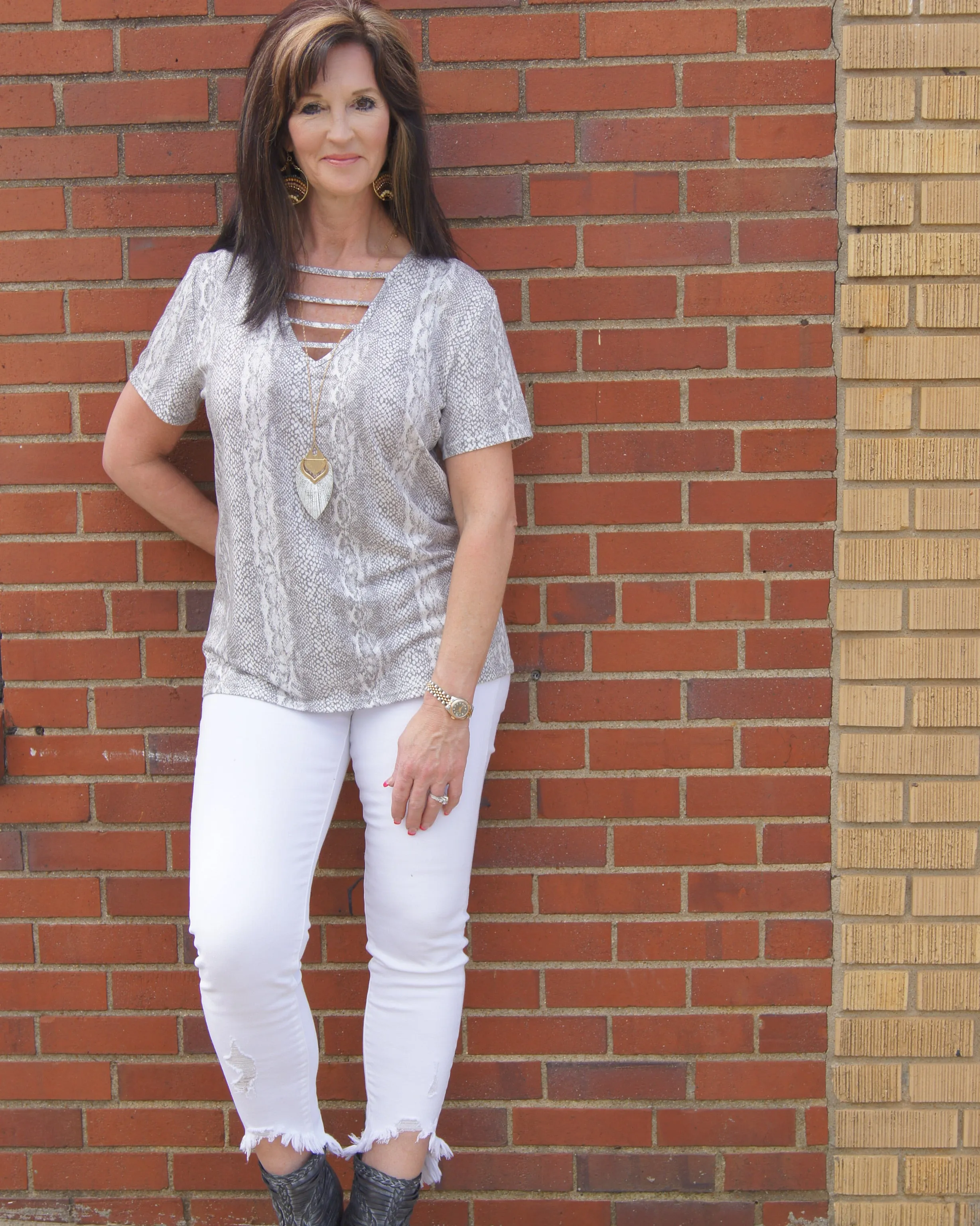 Snakeskin V-Neck Short Sleeve Top