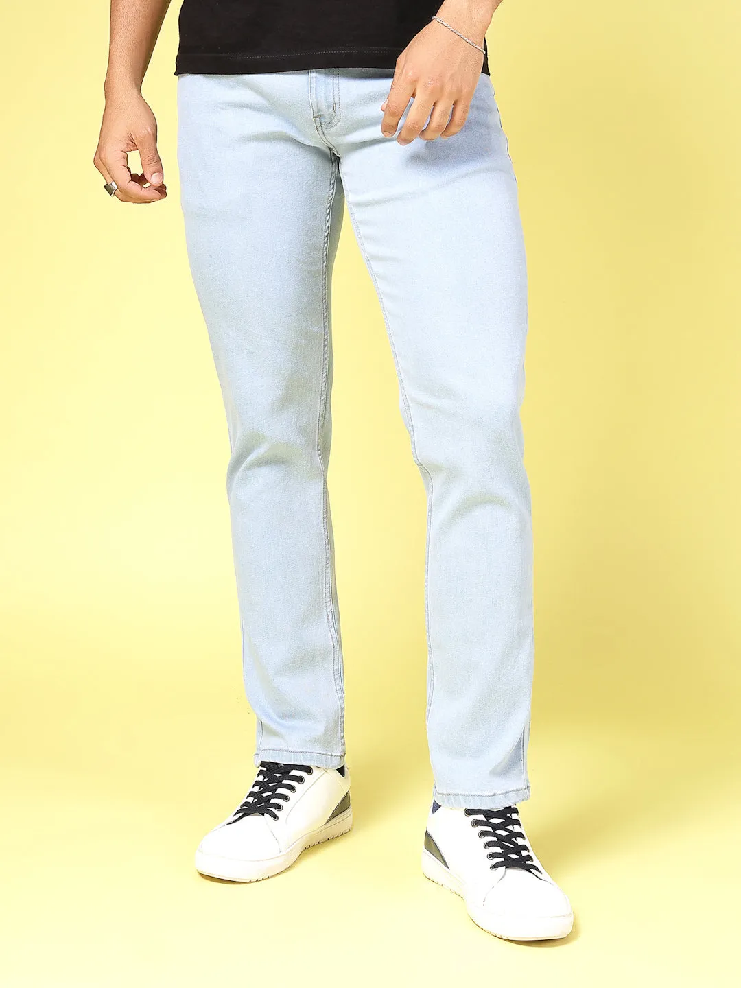 Solid Slim Fit Button Zipper Jeans