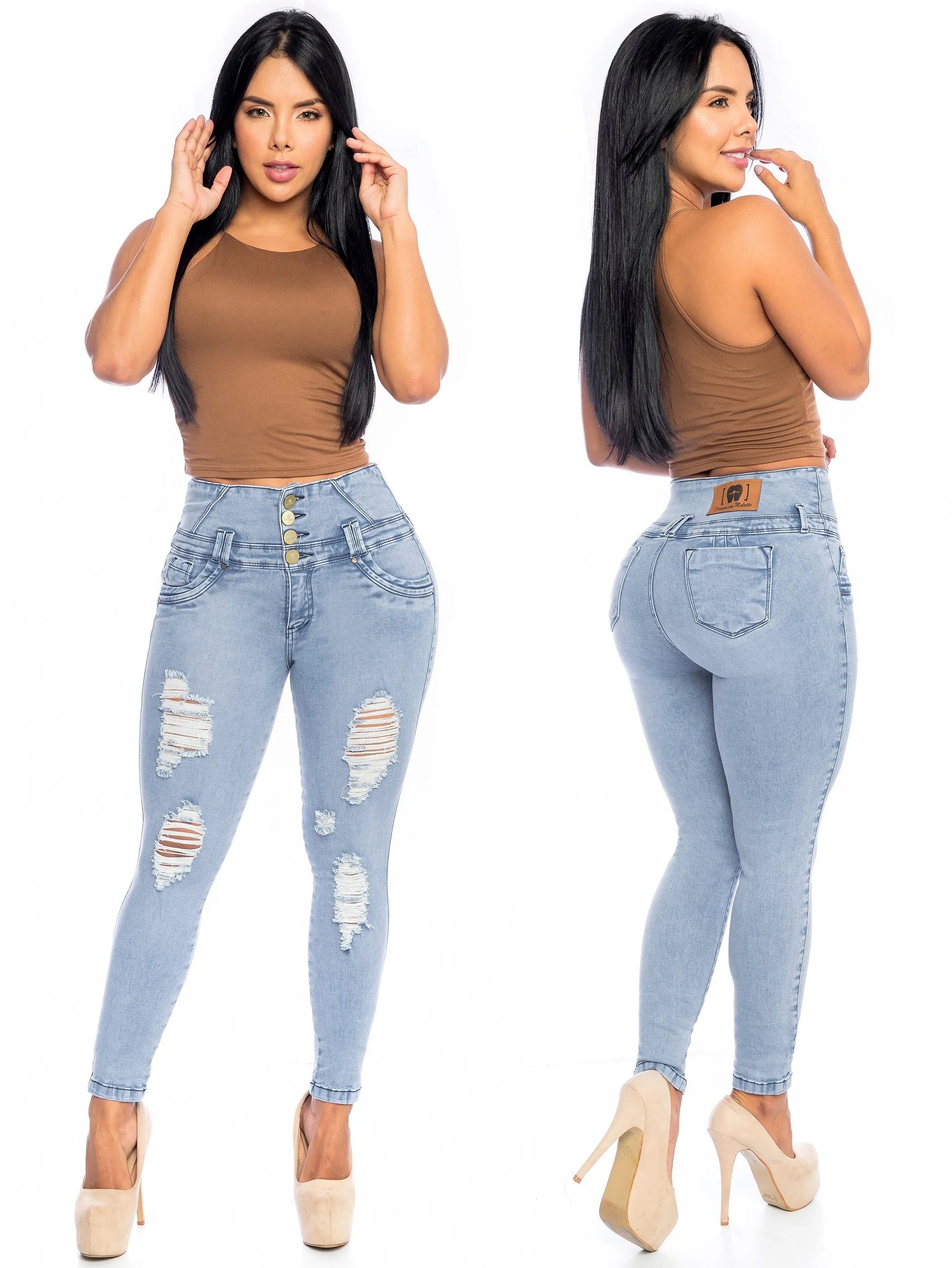 Stone wash blue Ripped 4 button High Waist abdomen Control Push up Jeans