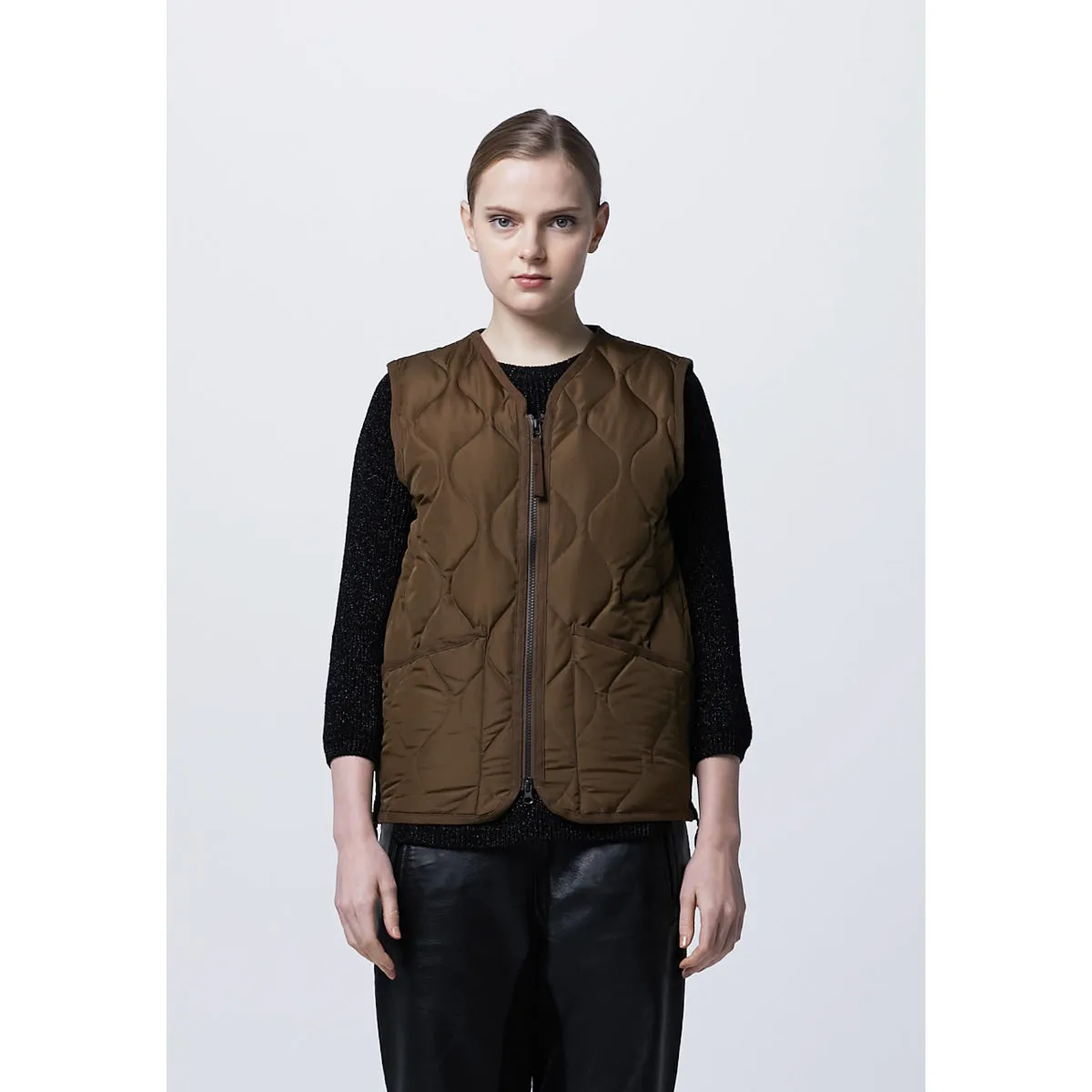 TAION Military Zip V-Neck Vest light brown