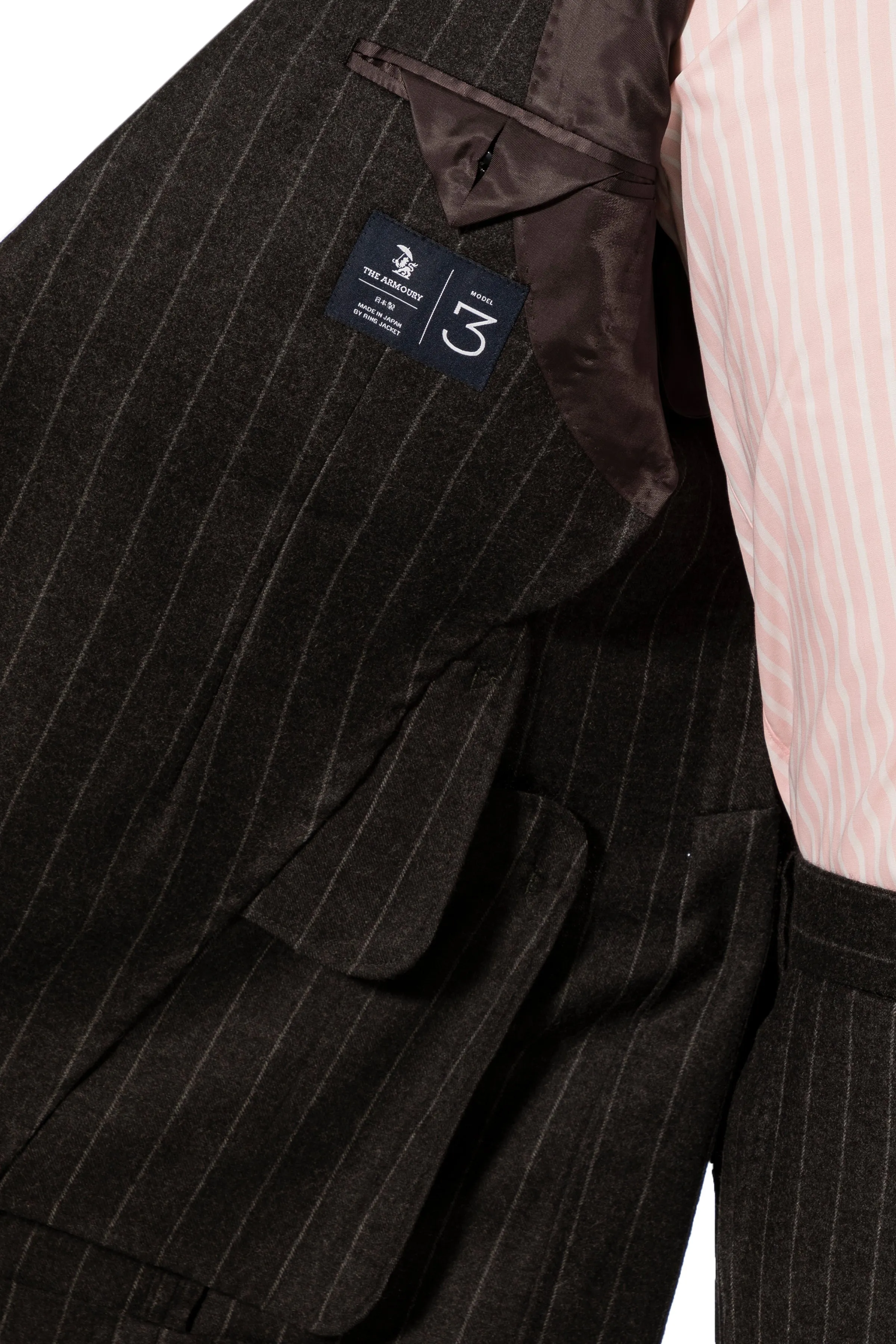 The Armoury by Ring Jacket Model 3A Grey Dormeuil Flannel Chalkstripe Suit