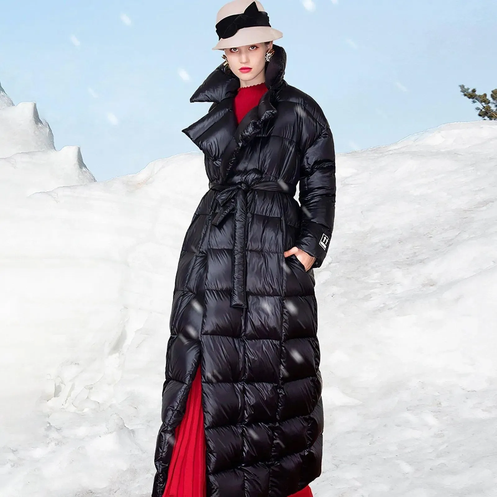 Waterproof Black Belted Wrap Thicken Down Puffer Maxi Parka