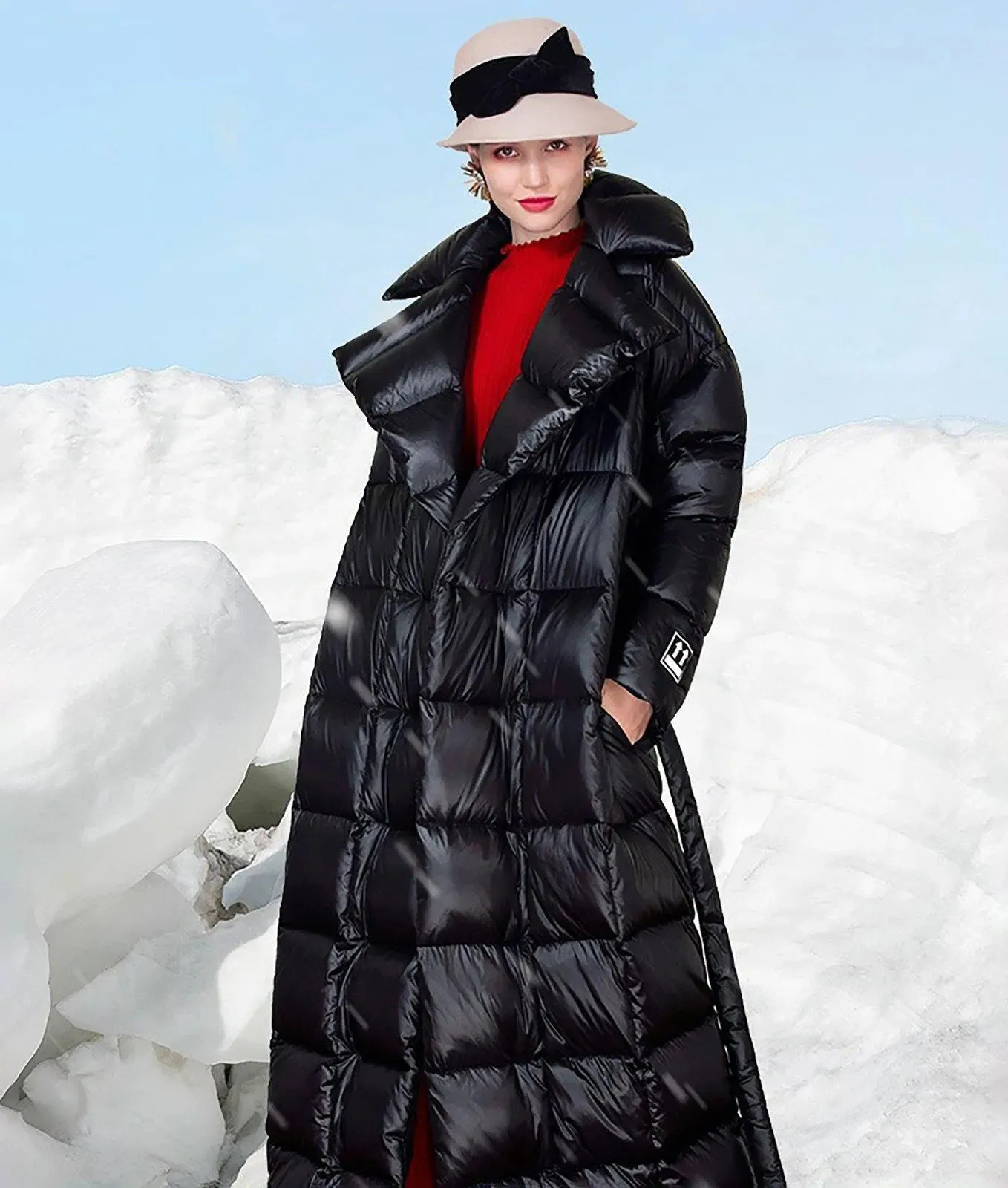 Waterproof Black Belted Wrap Thicken Down Puffer Maxi Parka