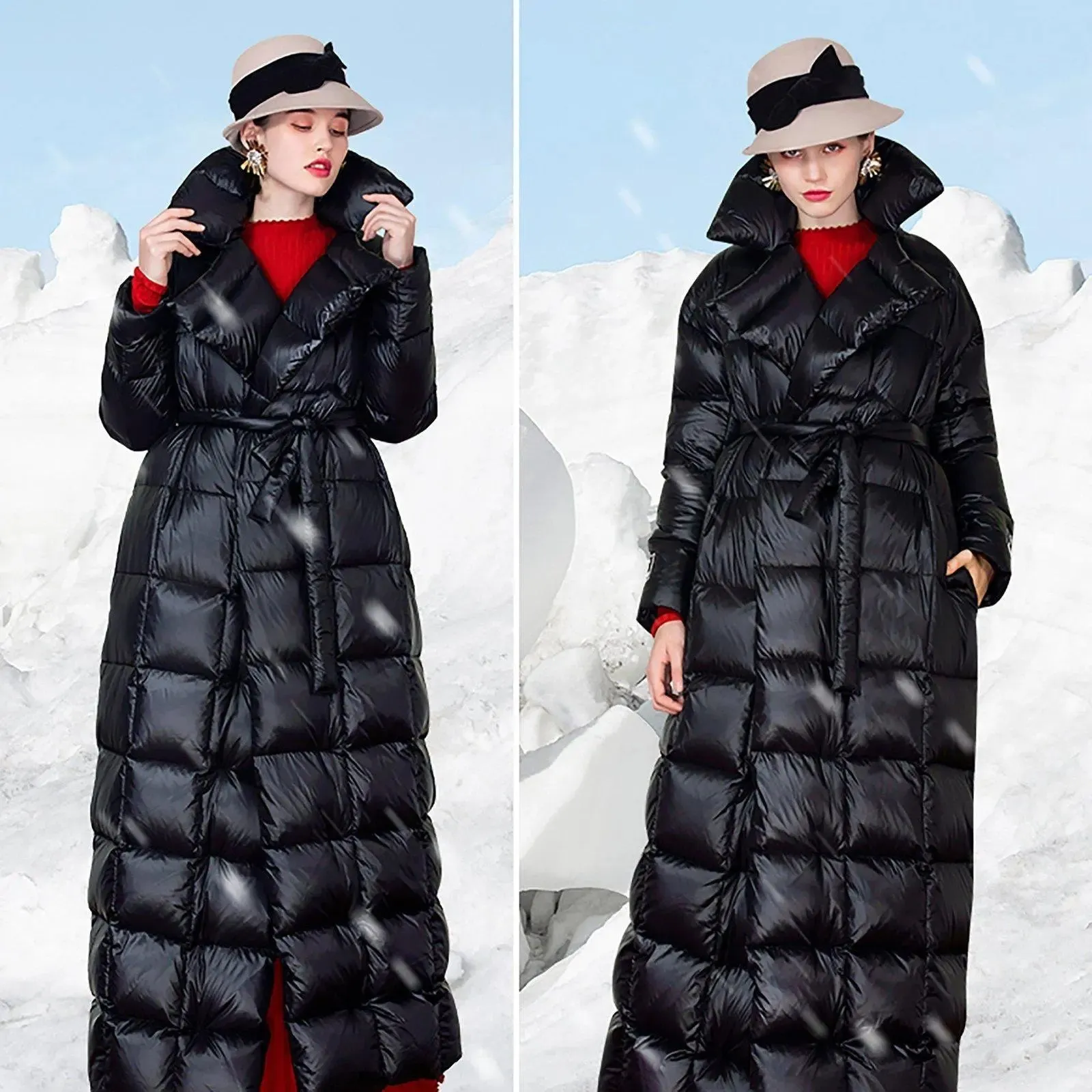 Waterproof Black Belted Wrap Thicken Down Puffer Maxi Parka