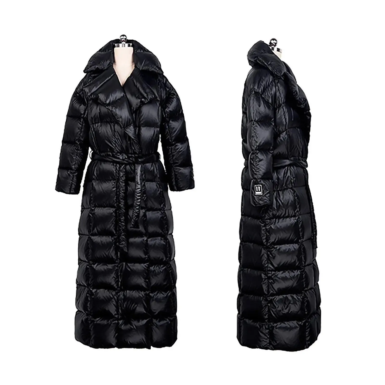 Waterproof Black Belted Wrap Thicken Down Puffer Maxi Parka