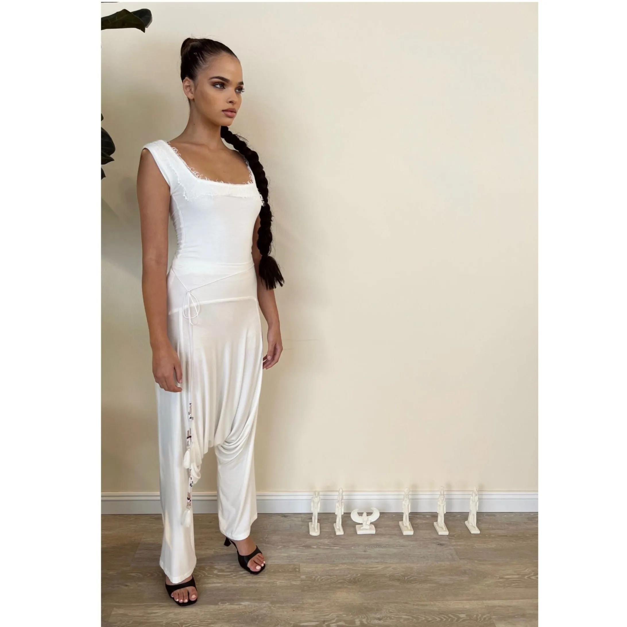 White Modal Soft Jersey Drop Crotch Pants