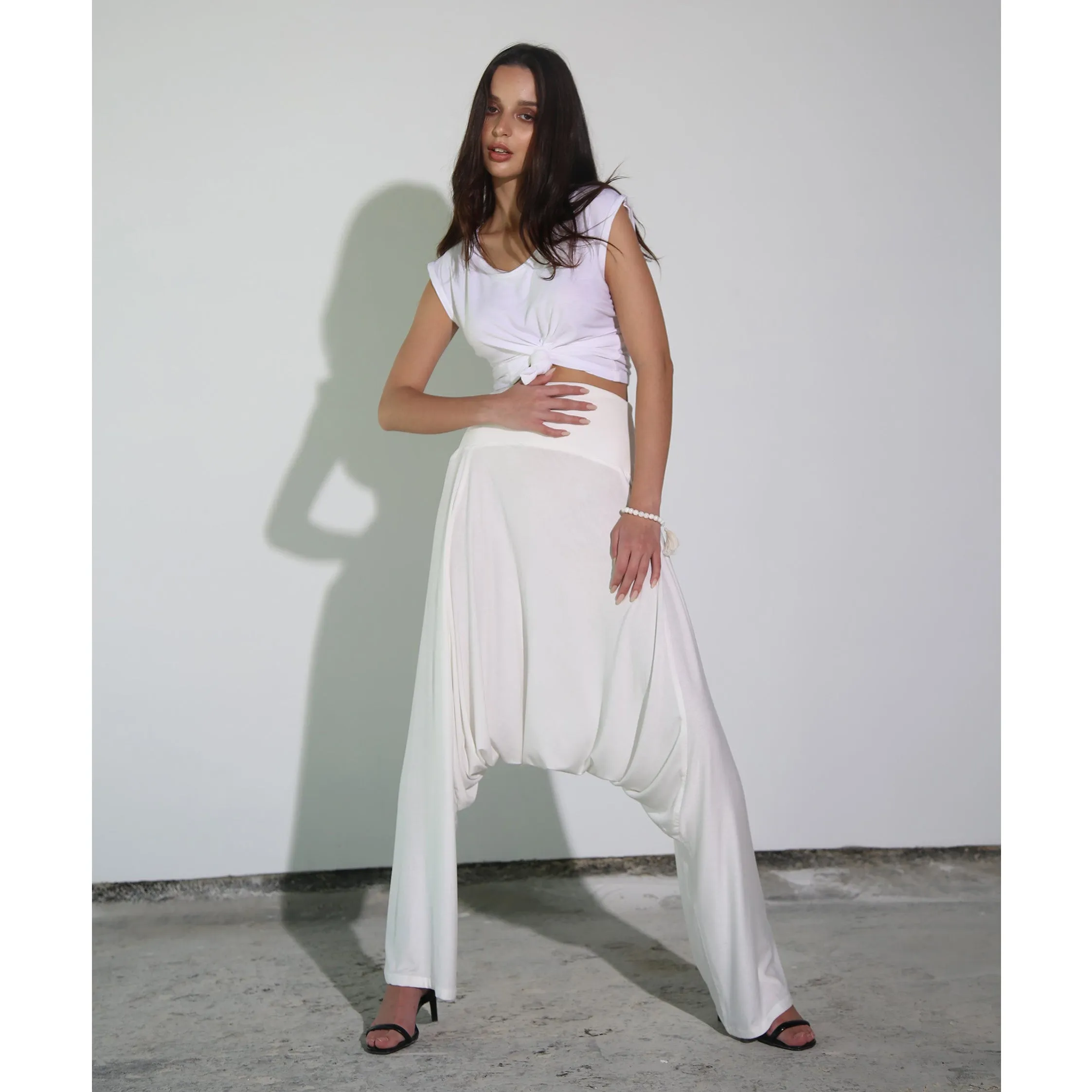 White Modal Soft Jersey Drop Crotch Pants