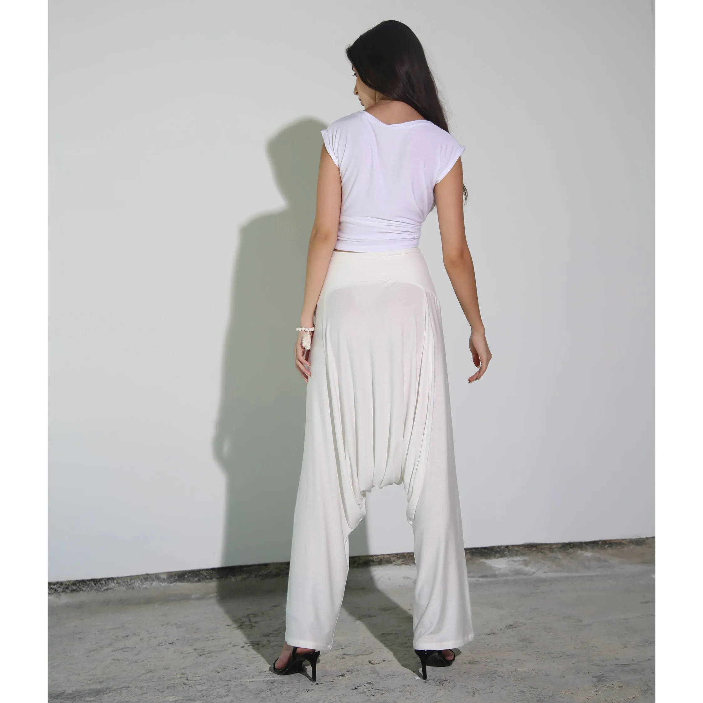 White Modal Soft Jersey Drop Crotch Pants