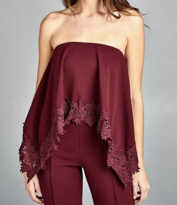 WOMEN CROCHET TRIM OFF SHOULDER JUMPSUIT